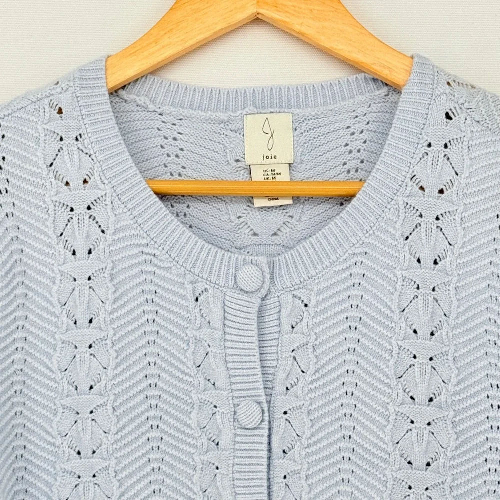 Joie Cardigan Sweater Womens Medium Blue Short Sleeve Pointelle Cottagecore Soft